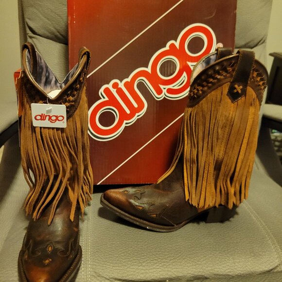 Dingo Brown Fringe Heeled Boots - Picture 1 of 7